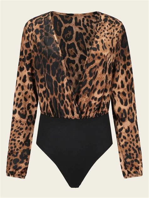 Plus Leopard Plunge Neck Bodysuit Shein Usa Plunge Neck Bodysuit