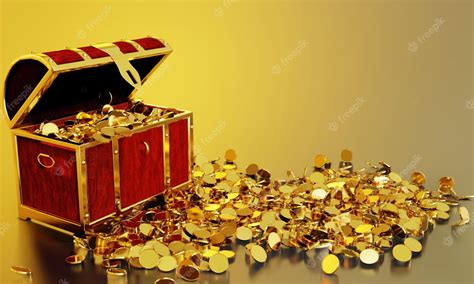 Premium Photo Many Distribute Gold Coins Flew From The Treasure Chest