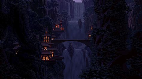 Download 3840x2160 Game Landscape Pixel Art Waterfall Valley Houses