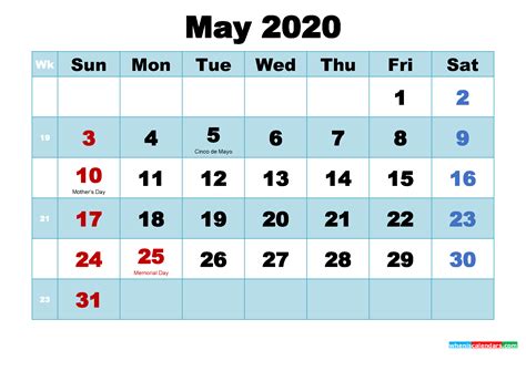 Free Printable May 2020 Calendar With Holidays As Word Pdf