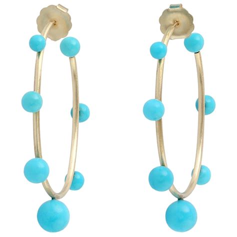 Turquoise Diamond 18 Karat Gold Hoop Earrings For Sale At 1stDibs