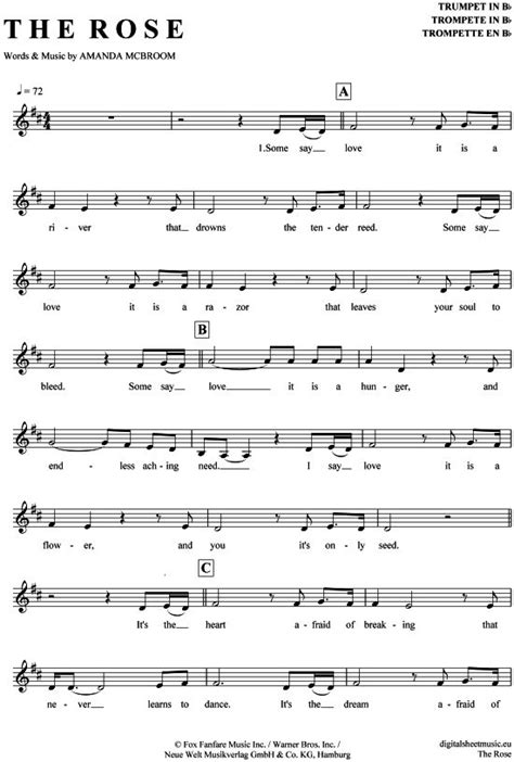 Free scores for piano, violin, banjo, mandolin, accordion. The Rose (Trompete in B) Bette Midler [PDF Noten … - Karambia