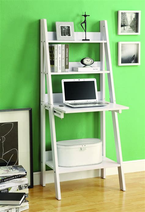 Modern White Ladder Desk And Bookcase Combination With Flip Down Desk