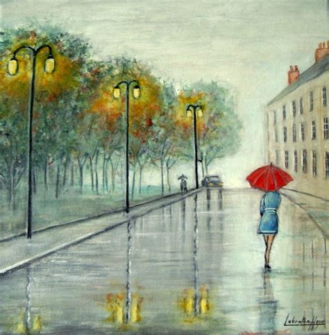 un jour de pluie tableau 40x40 acrylique paysage pluie peinture sous la pluie