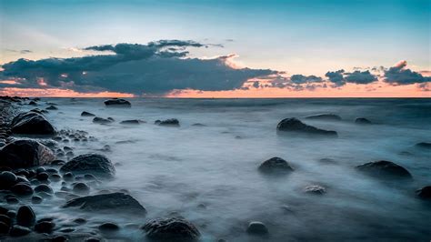 Wallpaper Stones Coast Fog Horizon Sunset Hd Picture Image