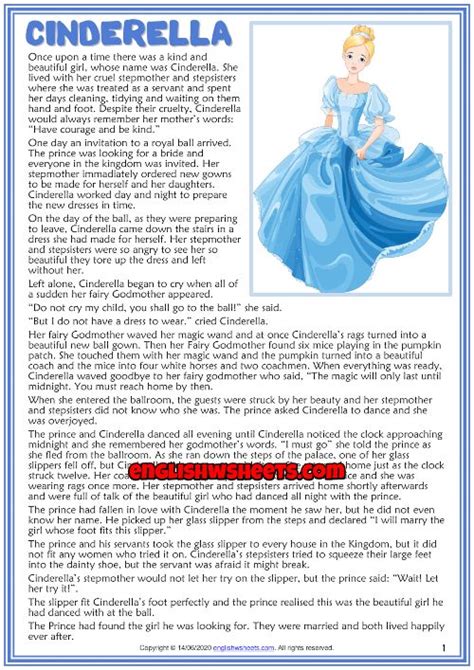 Cinderella Esl Reading Text Worksheet For Kids Esl Reading