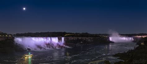 A Panoramic Views Shows The Moonlight Over Niagara Falls