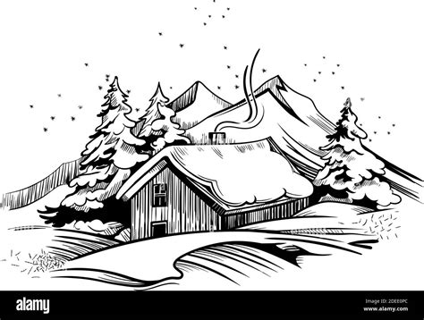 Winter Landscape With A House Hand Drawn Vector Illustration Stock