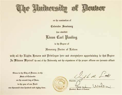 University Of Denver Diploma Honorary Doctor Of Letters Citation
