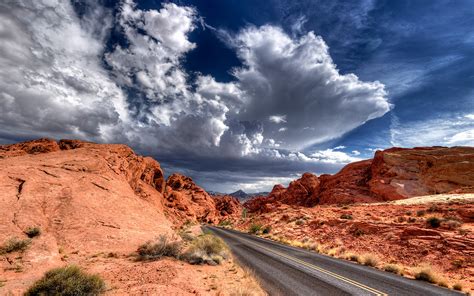 Highway Red Rocks Blue Sky And White Clouds Desktop Wallpaper Download