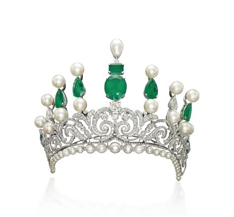 An Impressive Emerald Natural Pearl Cultured Pearl And Diamond Tiara