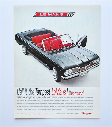 Large Car Ad 1961 Pontiac Tempest Lemans Gm General Motors Etsy