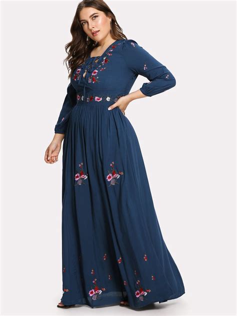 Lace Up Front Flower Embroidered Maxi Dress Sheinsheinside Maxi