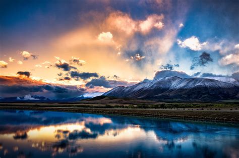 New Zealand South Island Mountains Snow Lake Reflection Sky Clouds