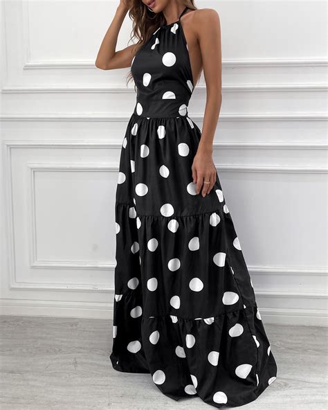 Polka Dot Print Halter Backless Ruched Maxi Dress Online Discover
