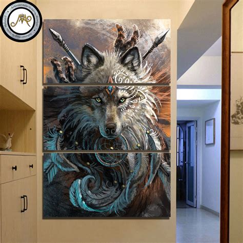 Sunima Wolf Warrior Hd 3piece Canvas Art Native American Dreamcatcher