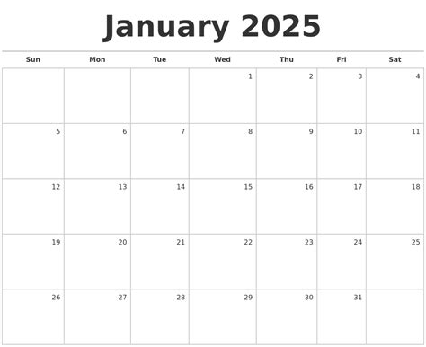 January 2025 Blank Monthly Calendar
