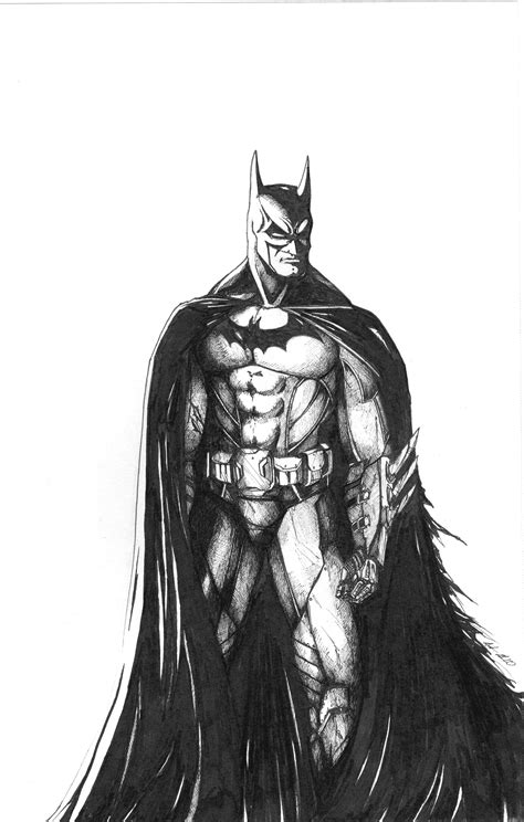 Pointy ears, menacing cowl, voluminous cape and big bat symbol on his chest. Batman by JusDrewIt on DeviantArt