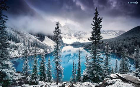 Chmury Kanada Drzewa Śnieg Góry Moraine Lake Mgła Jezioro Zima
