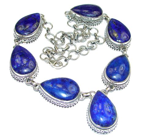 Huge Genuine Lapis Lazuli 925 Sterling Silver Handmade Necklace