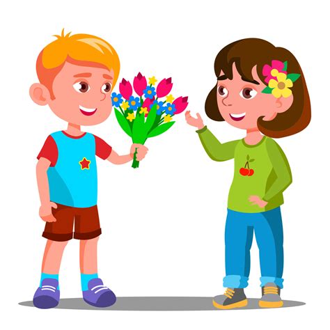 Little Boy Gives The Flowers To The Little Girl Vector Isolated