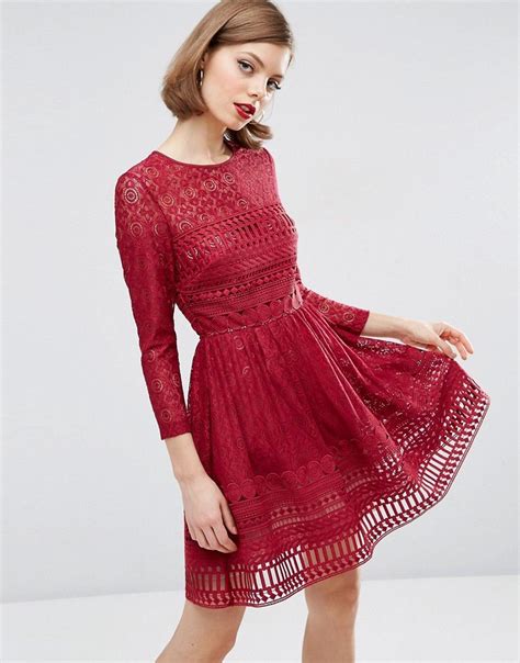 Asos Premium Lace Mini Skater Dress Red Lace Dress With Sleeves