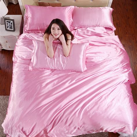 Silk Light Pink Satin Bedding Sets Solid Satin Quilt Cover Set Flat Sheet Pillow Sham Twin Queen