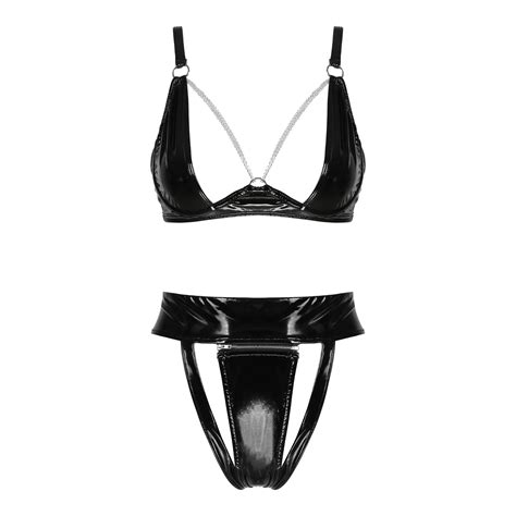 sexy women lingerie exotic sets club pole dancing costume wet look patent leather bra top with