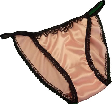 pure silk satin and lace mini tanga string bikini panties pale pink black trim size s fits hips