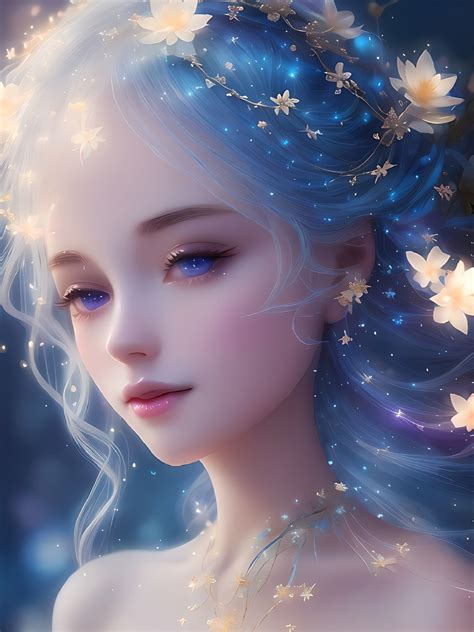 a woman with blue hair and white flowers in her hair is staring into