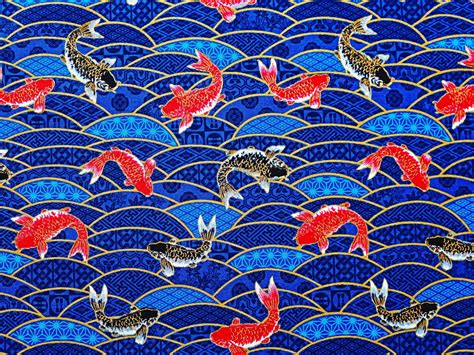Blue Fabric By The Meter Yard Japanese Fish Pattern Koi Carp Etsy
