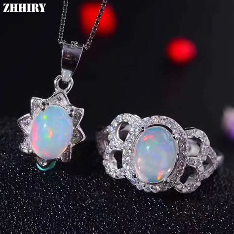 Zhhiry Natural Fire Opal Jewelry Sets Sterling Silver Ring Necklace