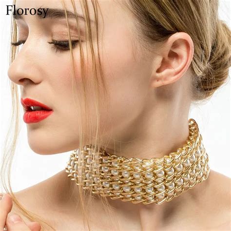 Buy Maxi Chunky Gold Chain Pearl Choker Necklace For