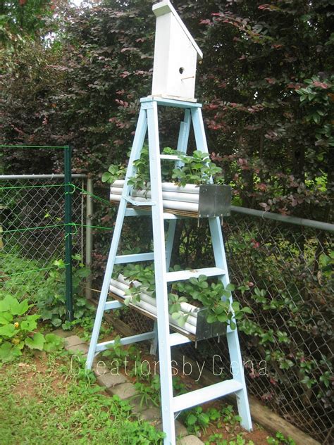 This backyard was filled with quirky and rustic garden art. CreationsbyGena♥ : My recycled strawberry ladder planter ...