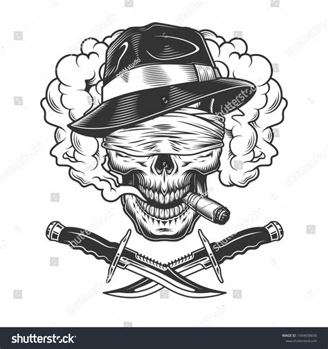 Vintage Monochrome Gangster Skull Smoking Cigar Stock Illustration