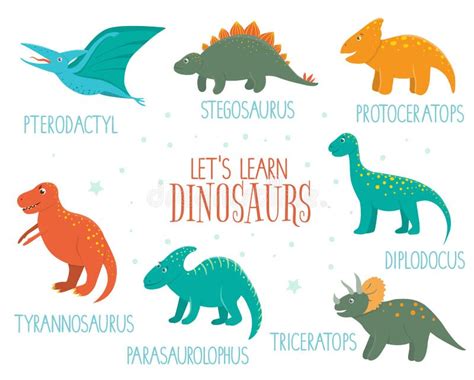 Vector Set Of Cute Dinosaurs With Names Isolated On White Background