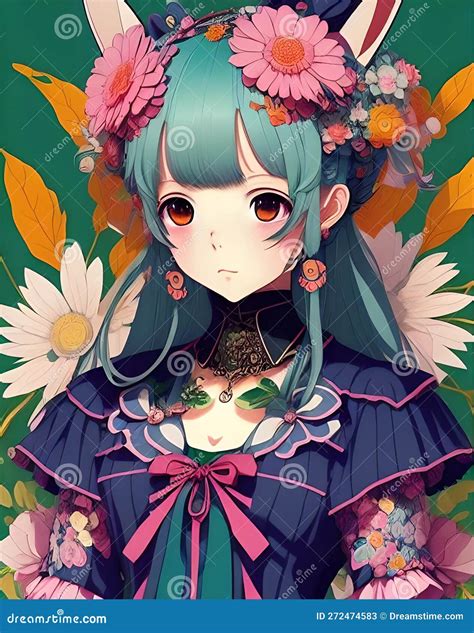 Cute Anime Girl In Beautiful Dress With Blue Hair Flowers Portrait