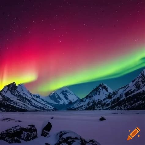 Red Aurora Over Snowy Mountain Range With Land Surroundings In Starry