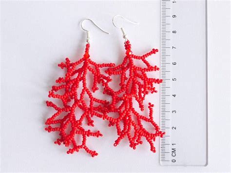 Red Coral Fringe Earrings Seed Bead Beaded Coral Branches Etsy