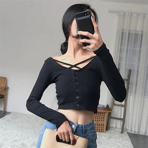 crop top sexy exposed navel t shirt high waist cross backless 2018 spring and summer long sleeve