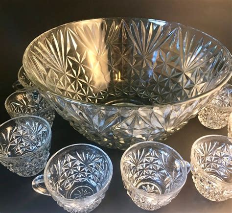 Large Vintage Cut Glass Punch Bowl 9 Cups Set Anchor Etsy