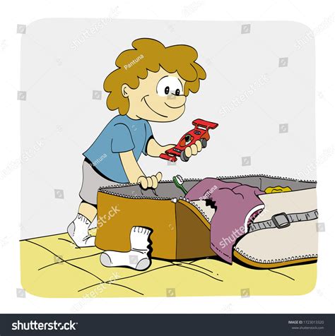 Boy Standing On His Bed Packing เวกเตอร์สต็อก ปลอดค่าลิขสิทธิ์