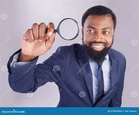 Corporate Black Man Magnifying Glass And Studio With Smile For Quality