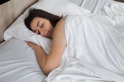 Young Woman Sleeping On White Bed Stock Photo Image Of Morning