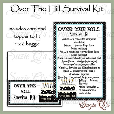 over the hill survival kit includes topper and card digital printable immediate download etsy