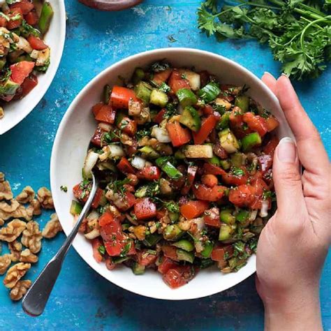 Turkish Tomato Salad Made With Fresh Plump Tomatoes Cucumbers And Crunchy Walnuts Is