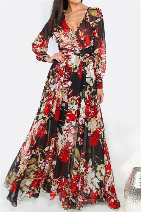 Multi Floral Print Long Sleeve Chiffon Maxi Boho Dress