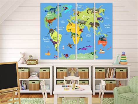 Dinosaurs World Map For Kids Cartoon Animal World Maps Etsy World