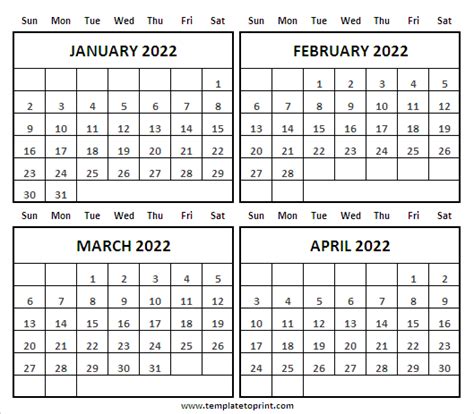 January To April 2022 Calendar Template Free 2022 Calendar Printable