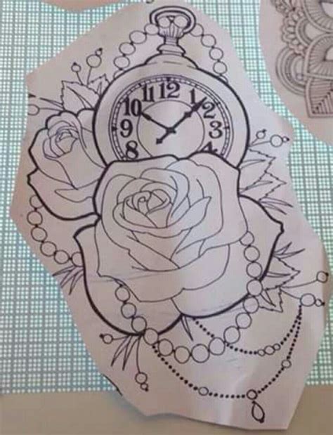 Outline Rose And Clock Tattoo Stencil Img Berry